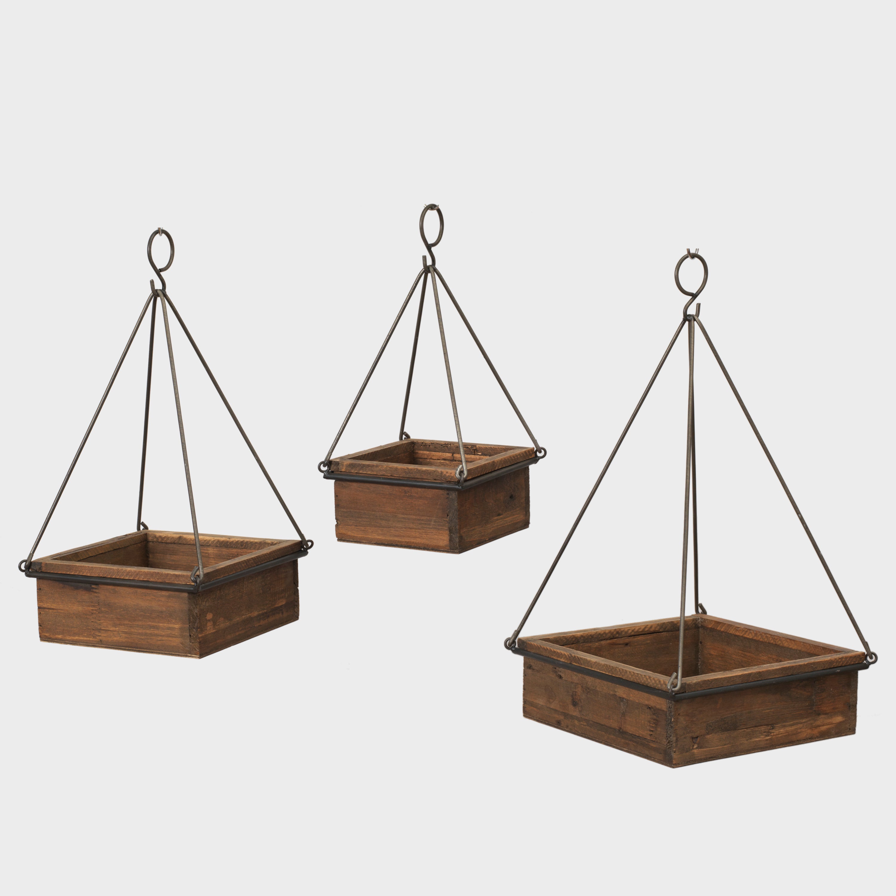Set of 3 Square Rustic Wood and Metal Planters